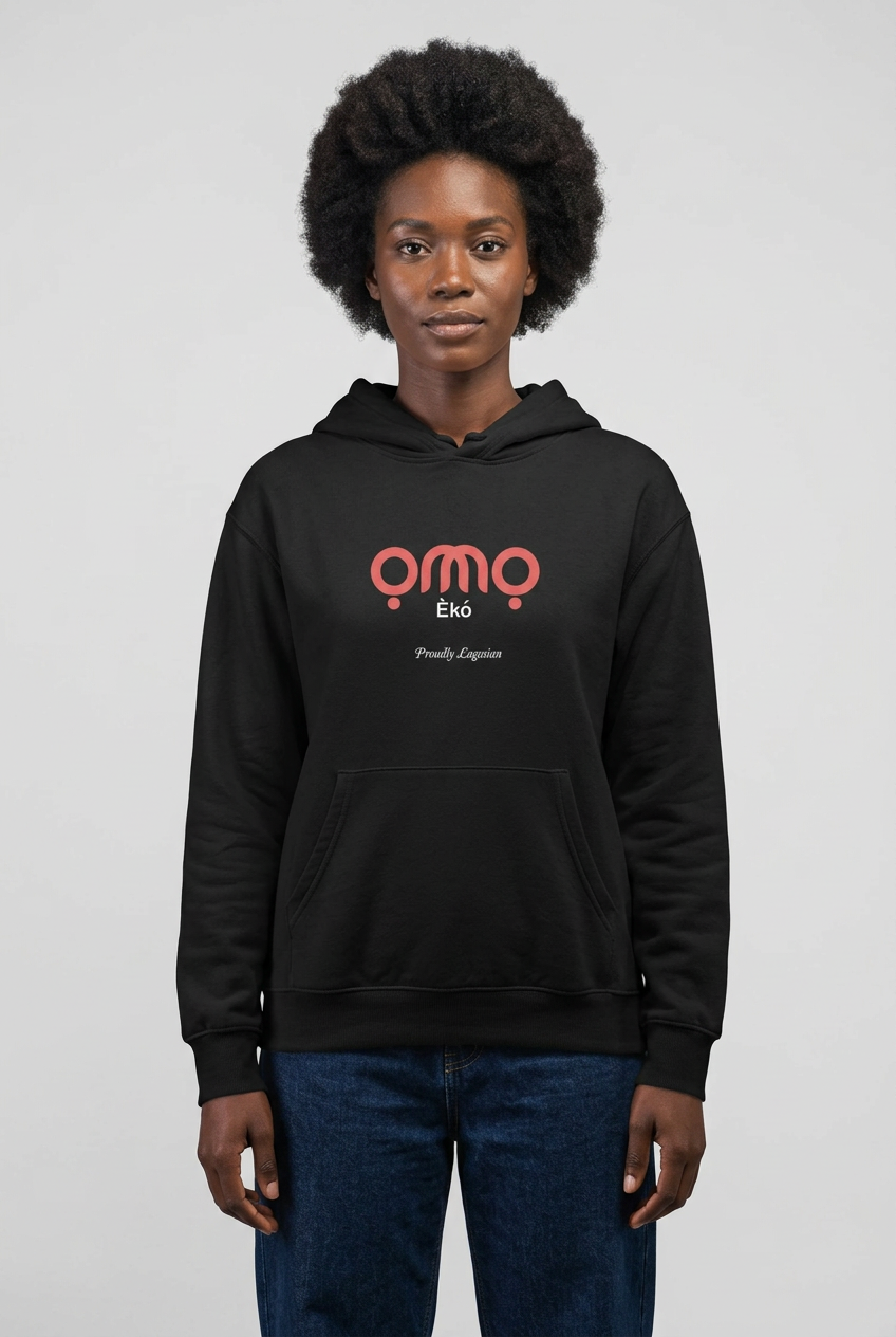 Black female model wearing the Omo Eko hoodie