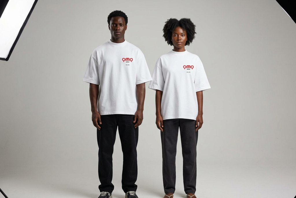 Black male and female models wearing the white Omo JESU t-shirt