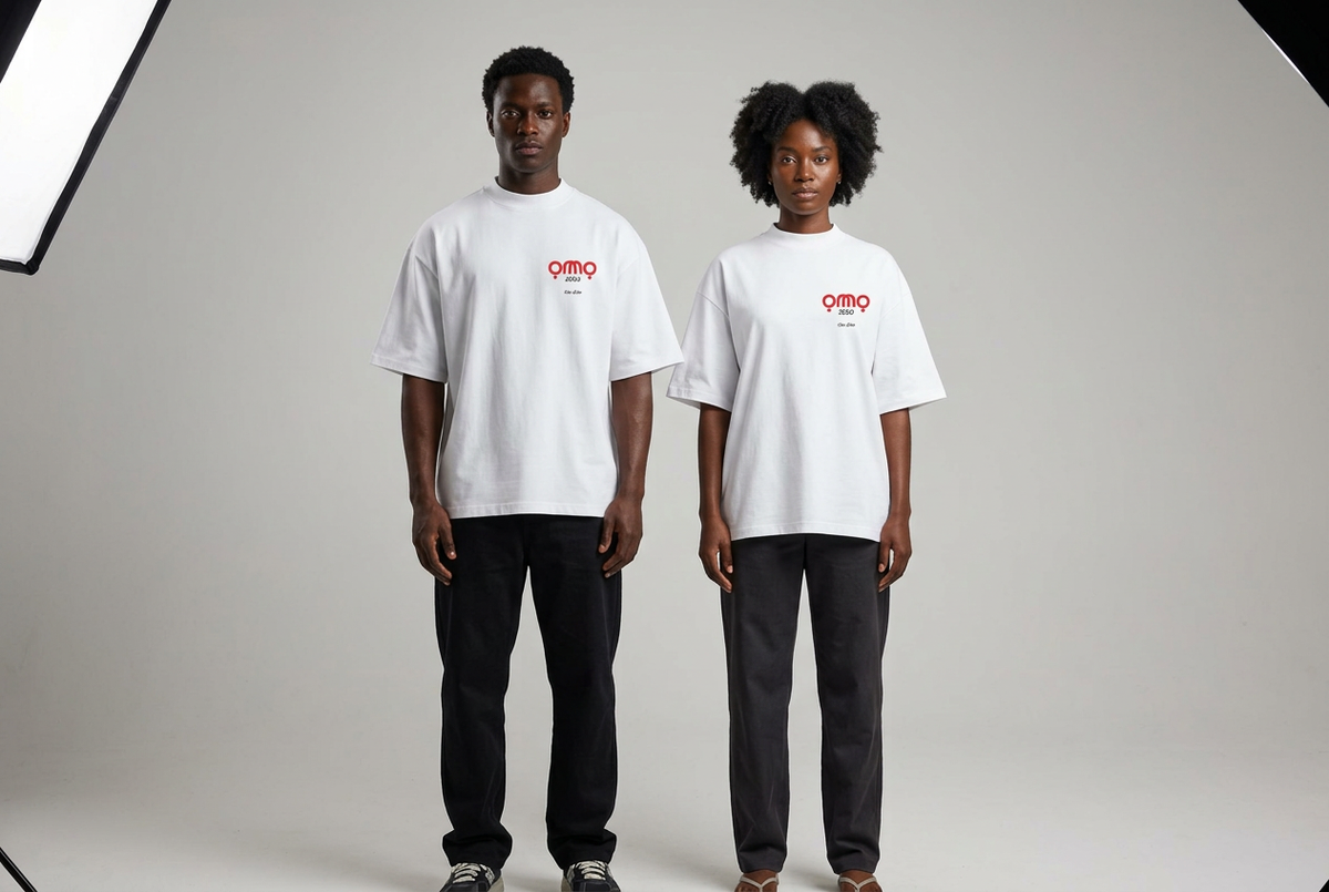 Black male and female models wearing the white Omo JESU t-shirt