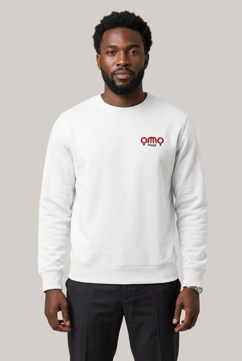Black male model wearing the white Omo Naija sweatshirt