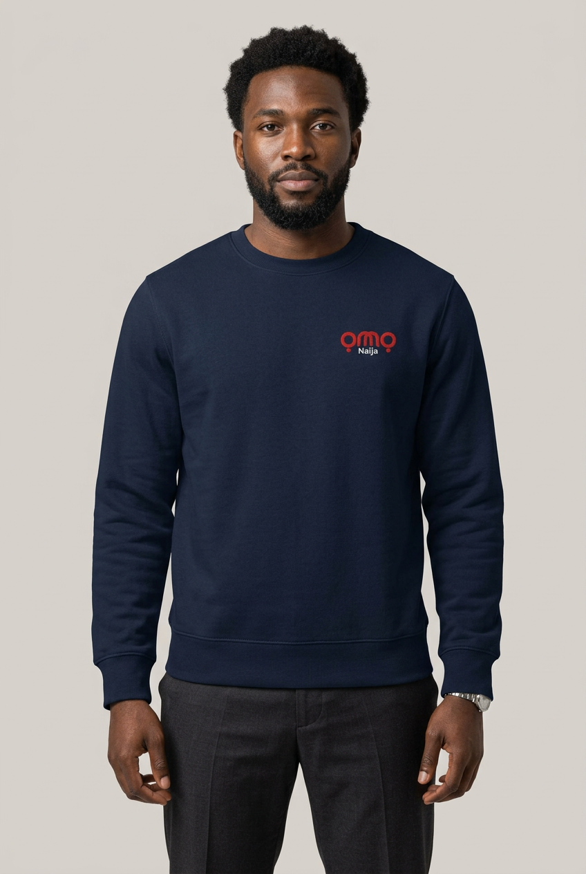 Black model wearing the navy Omo Naija sweatshirt