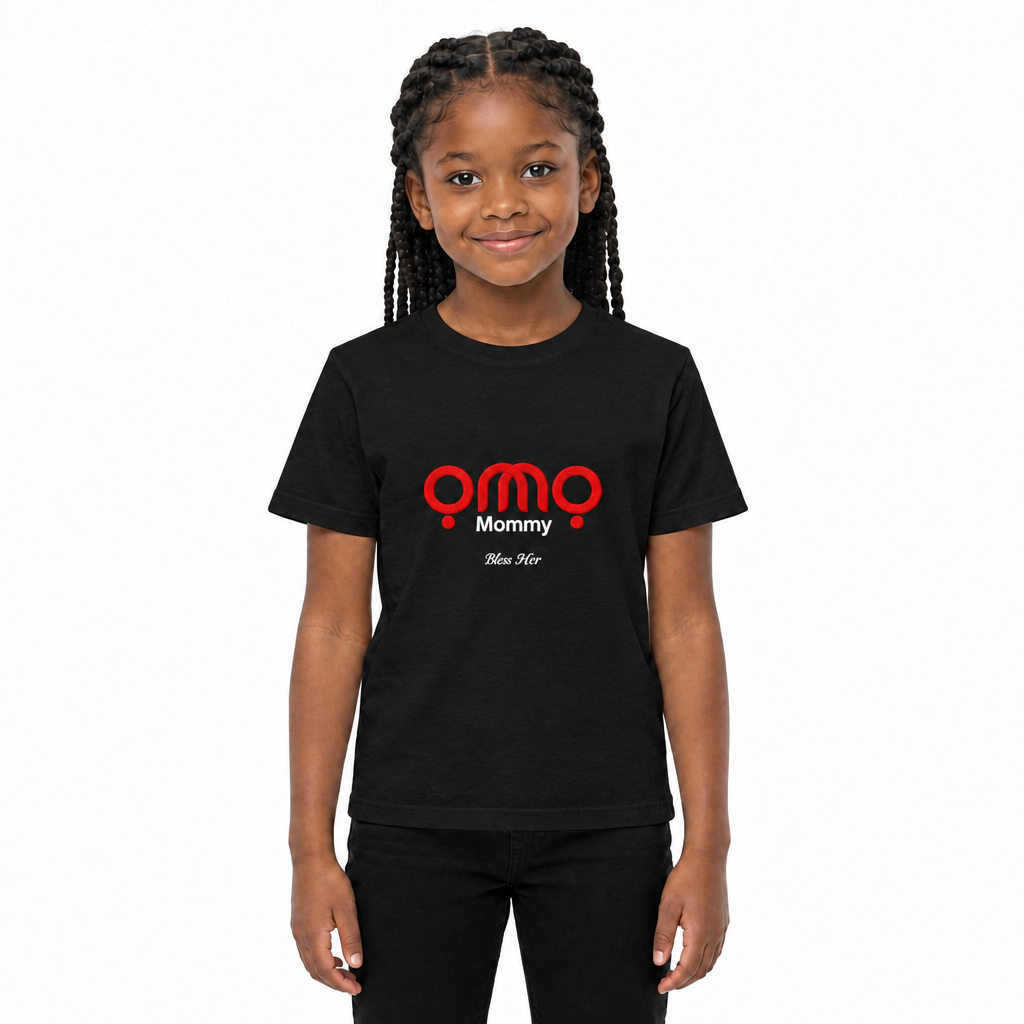 Black girl wearing a black OMO Mommy T-shirt with a red OMO logo and white lettering.