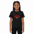 Black girl wearing a black OMO Mommy T-shirt with a red OMO logo and white lettering.